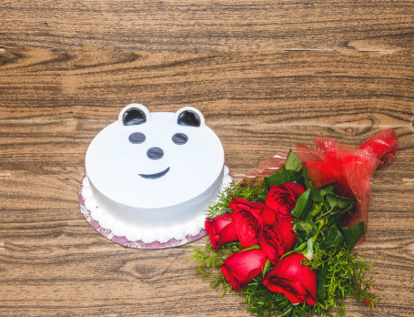Valentine’s Cute Teddy Pineapple Cake Six Red Roses Bunch