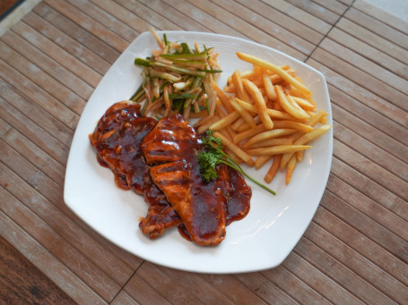 BBQ Chicken Breast Served With Fries Tangy Cucumber Salad