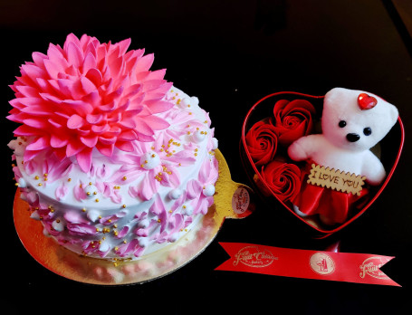 Pink Flower Cake(500Gm) Teddy Box