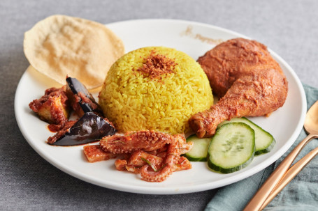 Special Nasi Kunyit with Fried Chicken, Sambal Sotong and Sambal Eggplants
