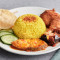 Special Nasi Kunyit with Fried Chicken, Asam Fish and Sambal Eggplants
