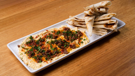 Hummus, Ground Lamb, And Pine Nuts