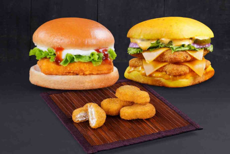 Combo Of Mexican Cheese Chicken Burger And Paneer Delight Burger With Free Nuggets