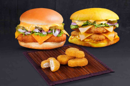 Combo Of New Mexican Corn N Cheese Burger And Double Decker Chicken Burger With Free Nuggets
