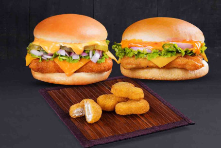 Combo Of New Mexican Corn N Cheese Burger And New Spicy Chicken Burger With Free Nuggets