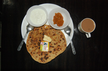 2 Pcs Aloo Paratha Pickle Curd Amul Butter Tea