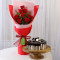 Chocolate Cream Cake With Red Roses Bouquet