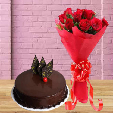 1 Kg Chocolate Cake 6 Red Roses Bouquet Combo