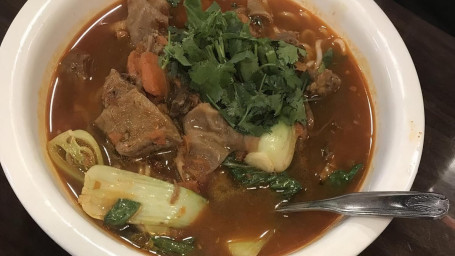 Noodle Soup With Stew Flank Beef, Bok Choy Pickled Cabbage