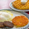 Breakfast Platter #3 Eggs (3) Cooked To Style, Bacon Or Sausage, Hashbrowns And Golden Belgian Waffle