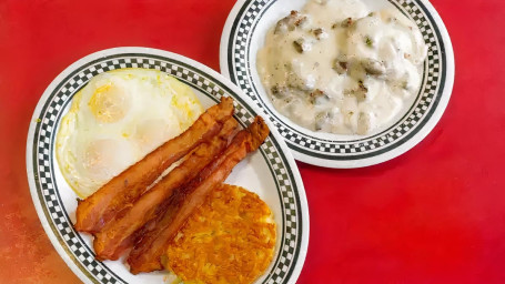 Breakfast Platter #1 (3) Eggs, Bacon Or Sausage, Hashbrowns And Biscuit Sausage Gravy