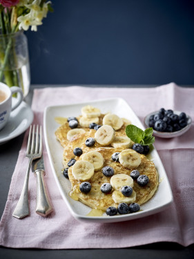 New Buttermilk Pancakes Banana, Blueberries Honey