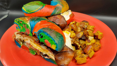 Rainbow Bagel Breakfast Sandwich