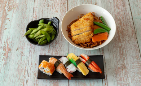 Meal A (Chicken Katsu Yakisoba, Edamame Beans And Sushi Platter)