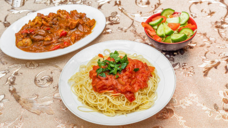 Pasta With Meat And Salad
