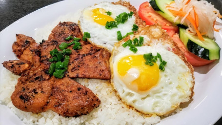 Grilled Pork Fried Egg With Steamed Rice