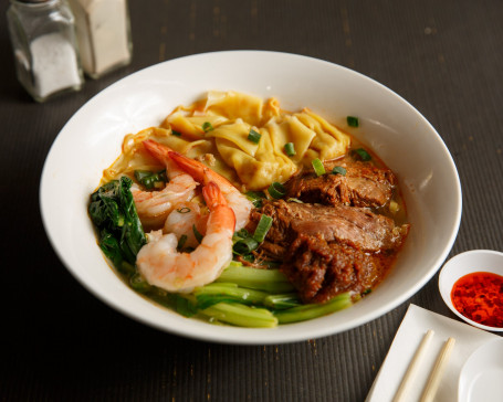 Spicy Beef, Prawn, And Wonton Satay Noodle Soup