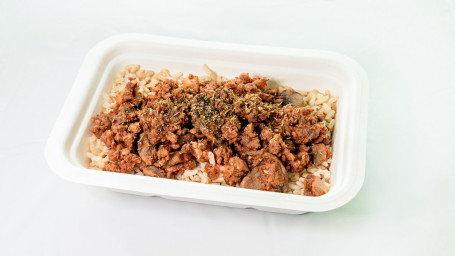 Lean Beef Mince With Mushrooms In A Tomato, Garlic And Chilli Sauce And Wholegrain Rice