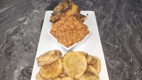 Pelloma's Fusion: Potato Chips, Honey Beans With A Dash Of Red Stew, 1 Pieces Tilapia Fish