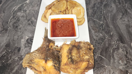 Pelloma's Fusion: Potato Chips, Red Stew, A Choice Of 1 Piece Hake Fish Or 2 Pieces Tilapia Fish