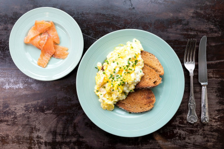 Scrambled Organic Eggs With Gin Cured Salmon