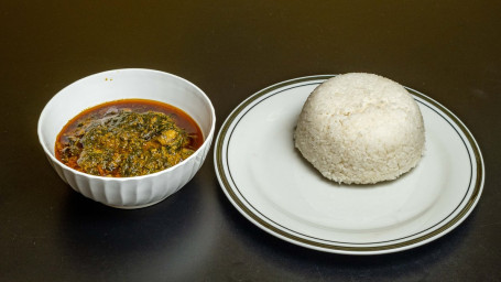 Stewed Spinach Mushrooms Served With White Or Jollof Rice