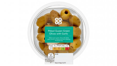 Co Op Pitted Queen Grønne Oliven Med Hvidløg 150G