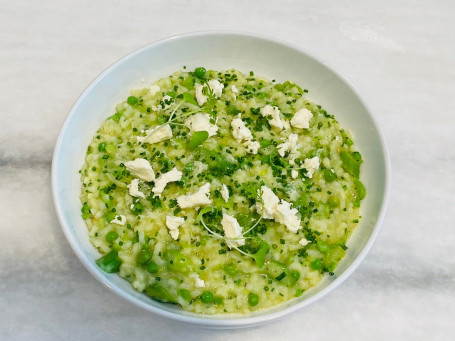 Pea Gremolata Risotto With Crumbled Greek Style Cheese, Chives Parmesan