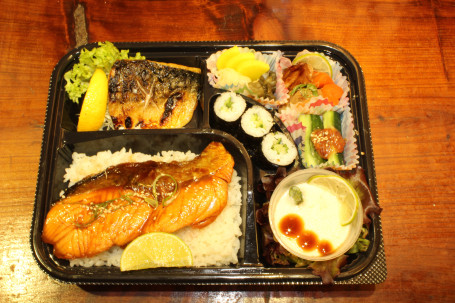 Double Up Bento B Saba Shioyaki Salmon Teriyaki)-Miso Soup Not Included