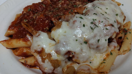 Shrimp Parmigiana With Side Of Mostaccioli.