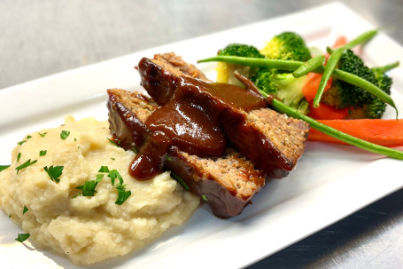 Home-Style Meatloaf With Rustic Mashed Potatoes And Vegetables