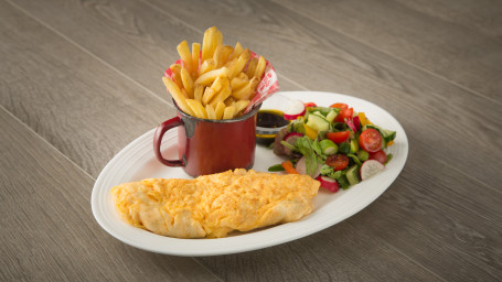 Omelette With Cheese Served With Chips And Salad (V)
