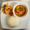 Red curry serve with rice and golden parcel ข้าว แกงแดง ถุงทอง