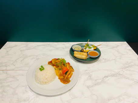 Sweet And Sour Serve With Rice And Chicken Satay+Spring Roll ข้าว เปรี้ยวหวาน ไก่สะเต๊ะ ปอผัก