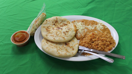 Two Pupusas With Rice And Beans