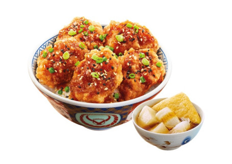 Yòu Xiāng Jiàng Yóu Táng Yáng Jī Jǐng Dà Shèng Mí Nǐ Guān Dōng Zhǔ Pèi Qì Shuǐ Miàn Shì Tāng Rì Běn Chá Fried Chicken Bowl With Ponzu Sauce Large With Mini Oden