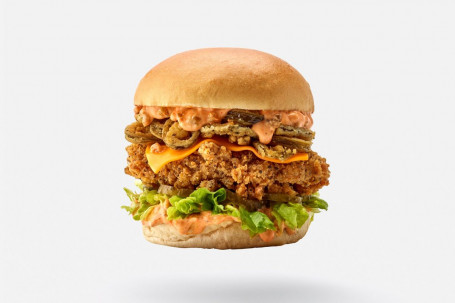 Flamin' Hot Clucker. (Vegan Burger)