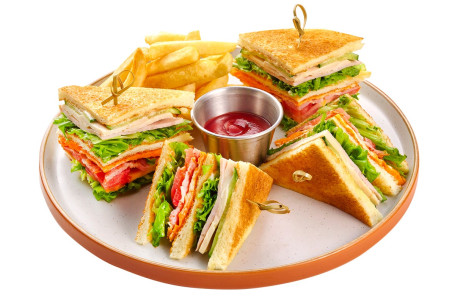Amazing Club Sandwich With Fries