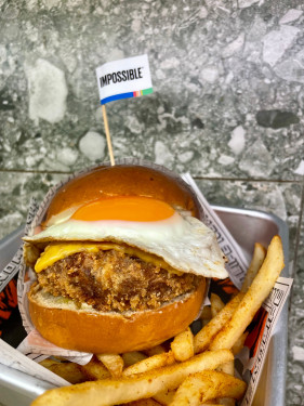 Impossible Beef Egg Burger With Cajun Fries