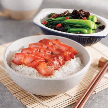 Mì Zhī Chā Shāo Fàn． Shàng Tāng Jìn Shí Shū Bbq Pork W Rice． Veggie In Broth