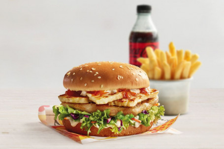 Halloumi and Chicken Burger Meal (5310 kJ).
