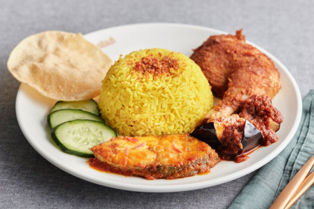 R26 Special Nasi Kunyit With Fried Chicken, Asam Fish And Sambal Eggplants